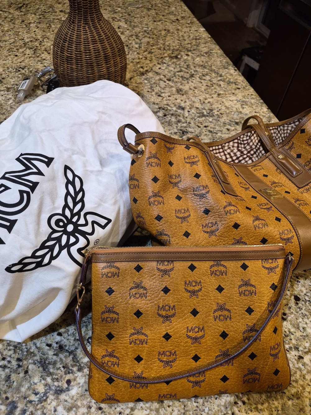 MCM Cognac Visetos Logo Tote with Matching Pouch - Picture 8 of 8